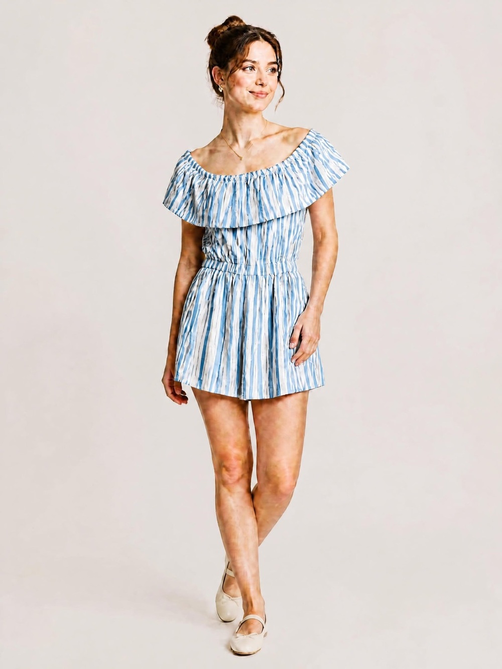 Haute Monde Light Blue & White Striped Off-Shoulder Romper